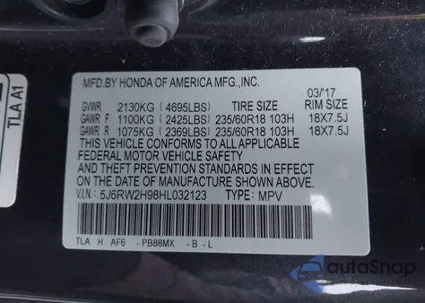 2017 Honda Cr-V Touring z USA, uszkodzony, nr VIN 5J6RW2H98HL032123